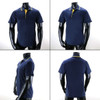 A polo shirt featuring a navy blue body with a contrasting yellow collar. It displays branding on the front.
