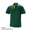 A green polo shirt with yellow accents and a logo on the chest.