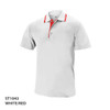 A white polo shirt with red accents, featuring a collar and branding on the front.