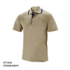 A stone and navy short-sleeve polo shirt with a branded label and contrasting collar details.