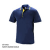 A navy polo shirt with yellow detailing and a collar, featuring a brand logo.