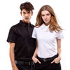 A black polo shirt and a white polo shirt on two models, featuring contrasting stitching and a logo on the left side.