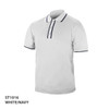A white polo shirt with navy detailing and a branded logo. Features a three-button placket and short sleeves.