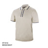 Beige polo shirt with navy accents and three buttons, featuring a logo.