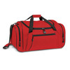 A red duffle bag with black accents, featuring multiple zippered pockets and a detachable shoulder strap.