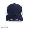 A two-layer sandwich cap in navy blue and white with a structured design and logo.