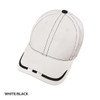 A white and black cap with contrasting stitching and a branded logo on the front.