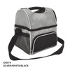 A silver, white, and black cooler bag with a shoulder strap and mesh side pocket, featuring a logo.