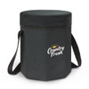 A black Igloo Cooler Seat with a round top, featuring a logo and sturdy straps for easy carrying.