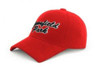 A red cap with a black embroidered logo on the front. The cap features a curved peak and a fitted design.