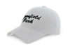 A light grey cap with a curved brim and a branded logo on the front, featuring embroidered text.