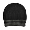 Acrylic knit beanie in black and grey, featuring a ribbed texture and a striped band at the bottom.