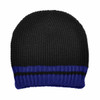 Acrylic knit beanie in black with a blue and black striped band. Features a logo on the side.