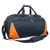 A navy duffle bag with orange accents, featuring two zippered compartments and a detachable shoulder strap.