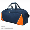 A navy duffle bag with white and orange accents, featuring a zip closure and dual handles. It has a logo.
