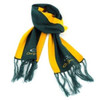 Acrylic scarf featuring green and gold stripes with fringes, adorned with a logo.