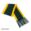 Acrylic scarf in bottle green and gold with fringed ends, featuring branding.