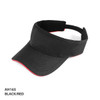 A black and red visor with a curved brim and an adjustable strap at the back. It features a logo.