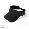 A black visor with a wide brim and adjustable back strap, featuring a logo.