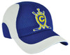 A blue and white cap with a mesh design and an embroidered logo featuring a shield and crossed sticks.
