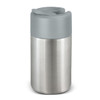 A drink bottle featuring a stainless steel body and a grey lid, with a logo on the surface.