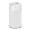 A drink bottle in a sleek, white design with a push lid and curved body, featuring a logo.