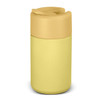 A drink bottle in a light yellow colour with a matching lid. The bottle has a logo.