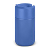 A drink bottle in a solid blue colour with a screw-top lid and a small opening for sipping. It has a logo.