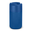 A drink bottle in a deep blue colour with a lid featuring a spout, designed for easy sipping. It has a logo on the surface.