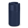 A drink bottle in dark navy blue with a secure, flip-top lid and a smooth, matte finish. Features a logo.