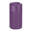 A drink bottle in a solid purple colour with a secure, flip-top lid and a sleek design. It has branding on the surface.