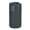 A drink bottle in dark green with a twist-off lid and a sleek, matte finish. It has a logo on the front.