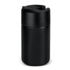 A drink bottle featuring a sleek black design and a lid with a spout. It includes a logo.
