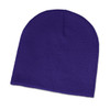 A purple beanie with a knitted texture, featuring a logo on the side.