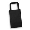 A small flat handle paper bag in black, featuring a simple design and a matching handle.