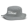 A grey bucket hat with a wide brim and a logo. Ideal for sun protection and casual wear.