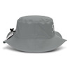 A grey bucket hat with a wide brim and an adjustable cord, featuring a logo on the side.