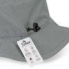 A grey bucket hat featuring a branded tag and an adjustable toggle on the brim.