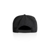 A black surf cap featuring a snapback closure and a textured fabric at the back. It has a logo.