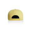 A yellow cap featuring a snapback closure and a logo on the back.