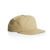 A beige cap with a curved brim and a top button, featuring a logo on the front.