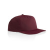 A burgundy cap with a flat brim and a round crown, featuring a logo on the side.