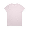 A plain light pink T-shirt with a round neckline and short sleeves, featuring a logo on the back.