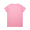 A pink t-shirt with a plain back and a circular neckline, featuring a logo.