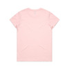 A light pink T-shirt featuring a simple design and a branding logo on the back.
