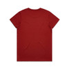 A red T-shirt with a plain back, featuring a logo on the neckline.