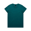 A teal T-shirt with a classic crew neckline and short sleeves, featuring a logo on the label.