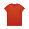 An orange t-shirt featuring a round neckline and short sleeves, with a label at the neck.