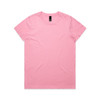 A pink T-shirt with a round neckline and short sleeves, featuring a label inside.