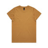 A short-sleeved, mustard yellow T-shirt with a simple design and a small logo on the tag.